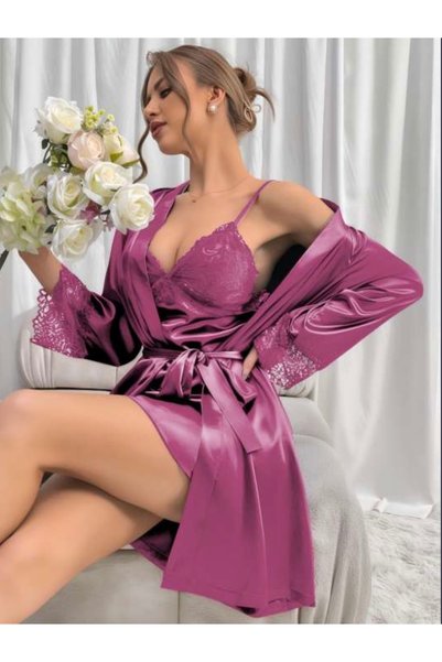 Visatin Lingerie Women's Mini Size Satin Lace Detailed Nightwear Set