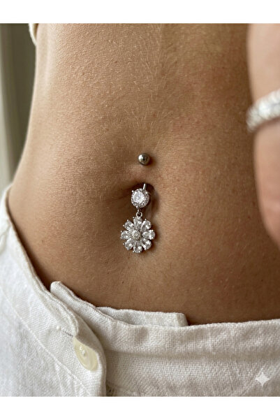 kurukafagift Göbek Piercing Çelik Beyaz Çiçek Gümüş Renk