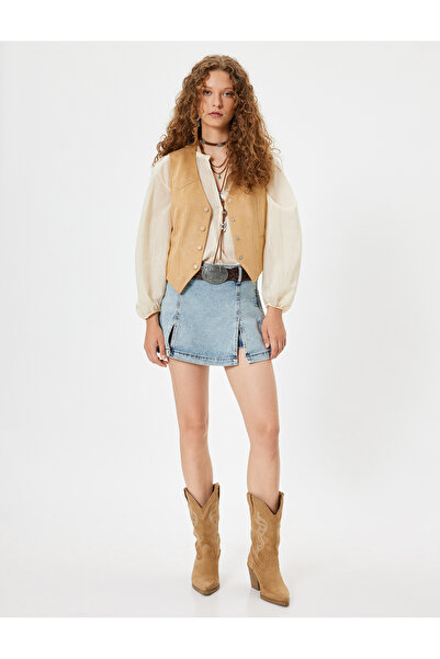 Koton Mini Kot Şort Etek Yırtmaç Detaylı Slim Fit Dikiş Detaylı