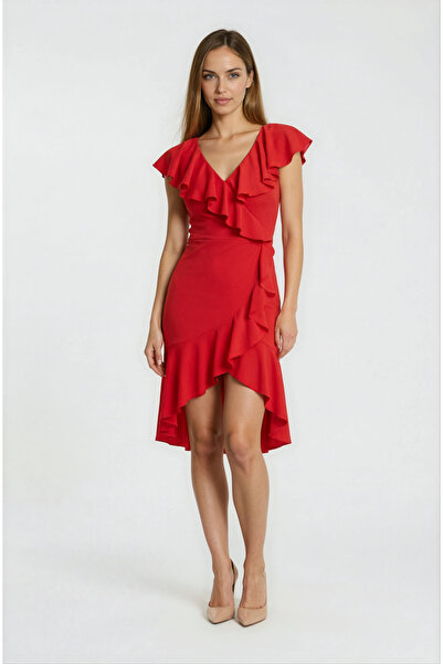 Spazio Gaya Yaka Etek Volanl Uzun Abiye Elbise KIRMIZI