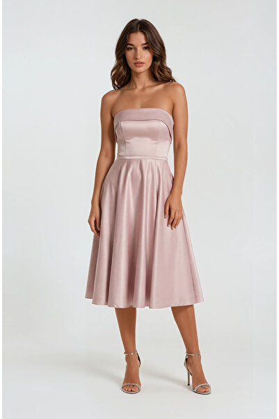 Spazio İvette Straplez Sırt Çapraz Bağcıklı Kloş Kısa Abiye Elbise PUDRA