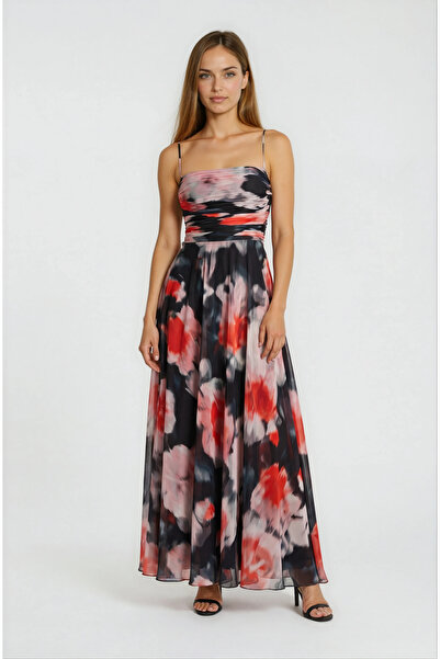 Spazio Safina İnce Askılı Göğüs Piliseli Straplez Yırtmaçlı Uzun Abiye Elbise...