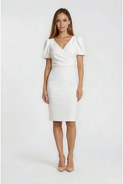 Spazio Orsoletta Kruvaze Yaka Karpuz Kol Midi Abiye Elbise BEYAZ