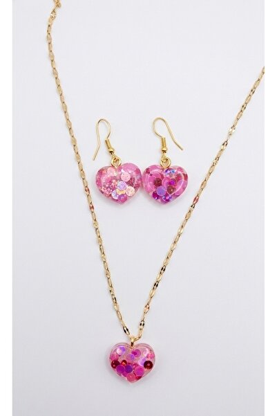 Markasız ucuz Epoksi Reçine Dolgulu Kalp Figürlü Pembe Pullu Kolye ve Küpe Seti