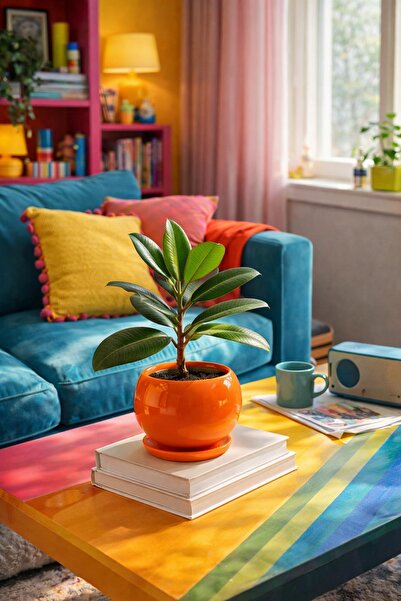 Evdek Tabaklı Turuncu Tombul Çömlek Saksı 16x15 Cm