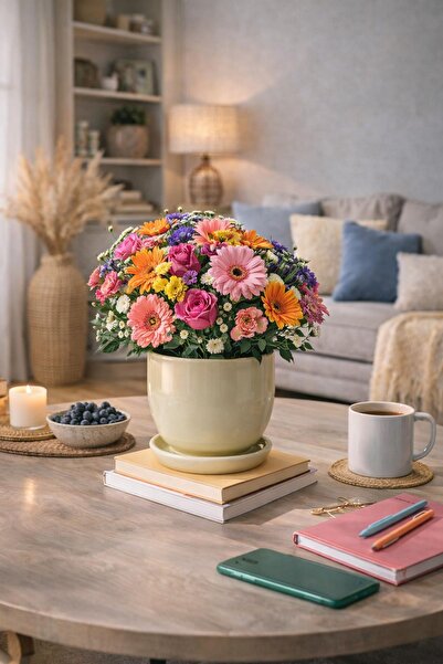 Evdek Tabaklı Krem U Çömlek Saksı 24x24 Cm