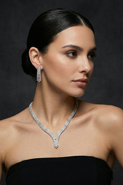 Valmont Zarif Su Yolu Kolye ve Küpe Takı Seti - Düğün, Kına, Nişan, Gelin Aks...