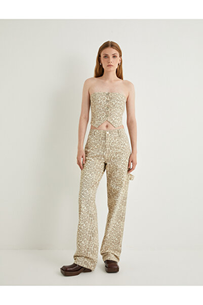 Koton Pantaloni leopard din bumbac - picior drept, cu buzunare și nasturi