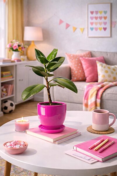 Evdek Tabaklı Koyu Pembe Çömlek Saksi 19x19 Cm