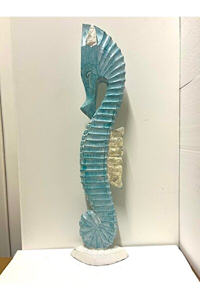 Barc Shop Ahşap Dekoratif Deniz Atı Turkuaz 80 Cm Büyük Otantik El Yapımı Biblo