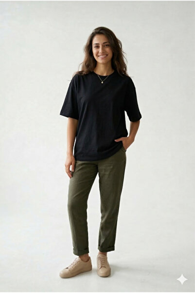 FHELIA Negru pentru femei 100% bumbac organic piese guler rotund supradimensi...