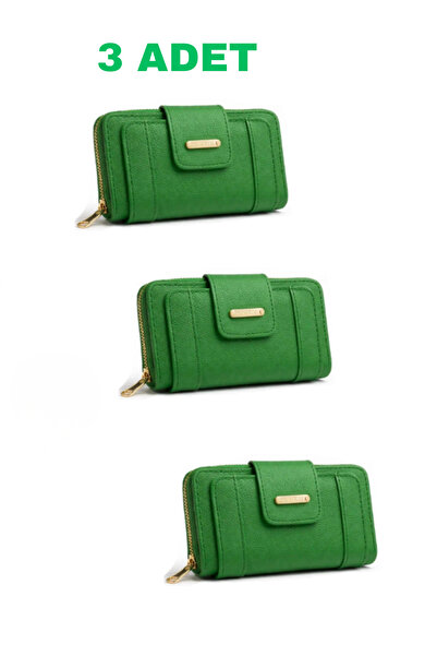 Newish Polo محفظة نسائية خضراء بسحاب، متوسطة الحجم، أنيقة، مع مظهر جلدي أقسام...