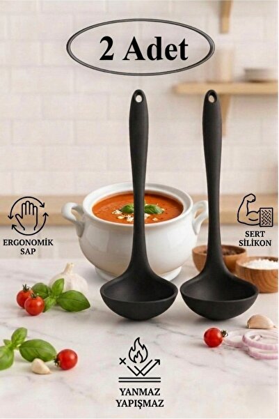 TARIK HOME 28 cm. 2'li Silikon Çorba Kepçesi Seti - Isıya Dayanıklı Sert Uçlu...