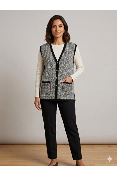 F&D Tekstil سترة نسائية منسوجة ذات لونين بنقشة الأم مع جيوب