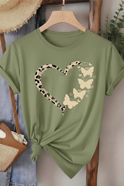 l'eivor Tricou verde kaki de damă cu imprimeu inimă