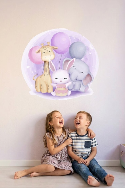 KT Decor Mekana, šarena zidna naljepnica za dečju sobu sa žirafom, slonom i z...