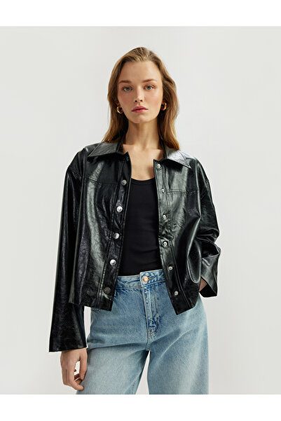 Koton Μακρυμάνικο διπλό μπουφάν από συνθετικό δέρμα με λεπτομέρεια με κουμπιά...