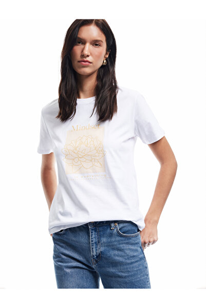 Koton Βαμβακερό μπλουζάκι με κοντό μανίκι με λαιμόκοψη