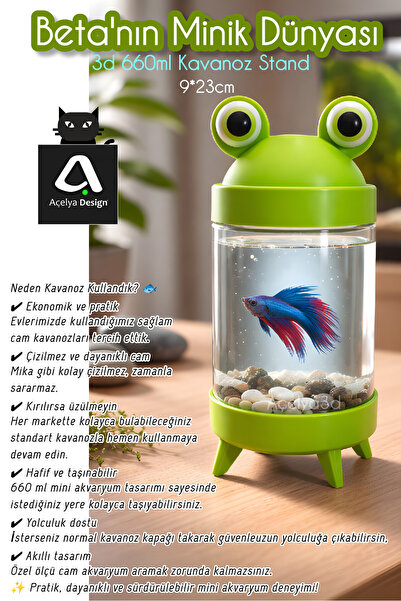 açelya3d Kurbağa Tasarımlı Beta Balık Mini Akvaryum Cam Kavanoz Fanus – Masaü...