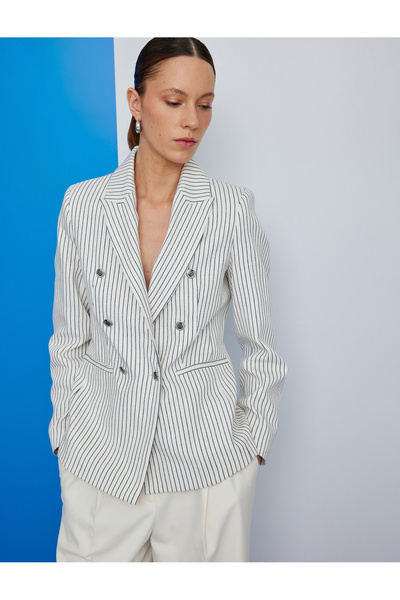 Koton Μπουφάν με διπλό στήθος ριγέ σακάκι με τσέπες με κουμπιά