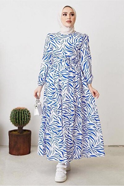 TRENDTESETTÜR KADIN LACİVERT (SAKS) ZEBRA DESENLİ KUŞAKLI ELBİSE T 104