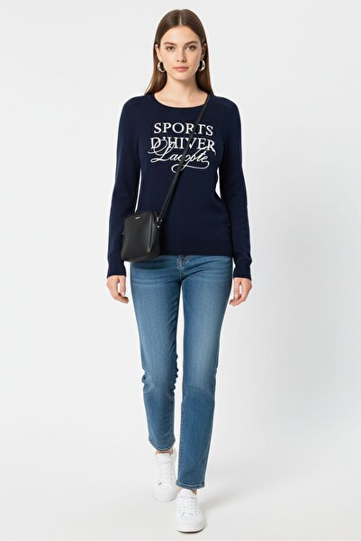 Lacoste Women Crew Neck Graphic Print Sweater, Navy