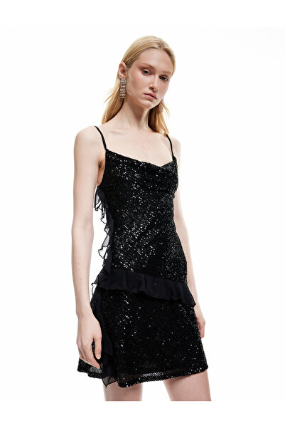 Koton Pullu Payetli Askılı Degaje Yaka Tül Detaylı Mini Abiye Elbise