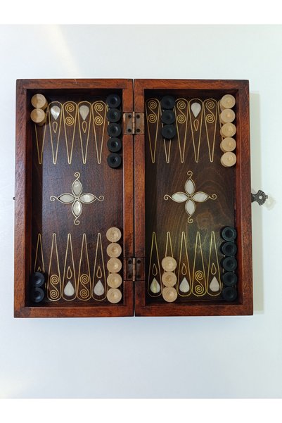Mess Mother-Of-Pearl Inlaid, Filigree Embroidered, Handcrafted, Midi Size Wooden Backgammon Board - Light Color (13 X 26 cm)