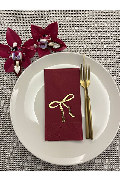 kidspartim Gold Yaldızlı Vişne Renkli Fiyonk Baskılı Garson Katlama Peçete 16...