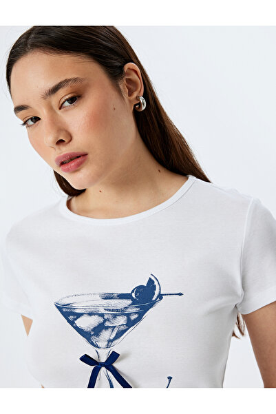 Koton Μπλουζάκι με λαιμόκοψη με στάμπα και λεπτομέρεια με φιόγκο με κοντό μανίκι