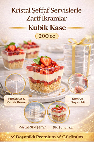Owersea 200cc 50Adet Kübik Prizma Mika Plastik Kase Şeffaf Kapaksız Sunum Kab...