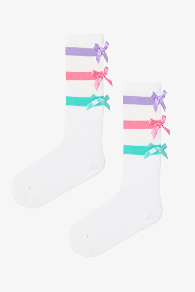 Penti Beyaz - Açık Pembe Fiyonklu Kız Çocuk Külotlu Çorap