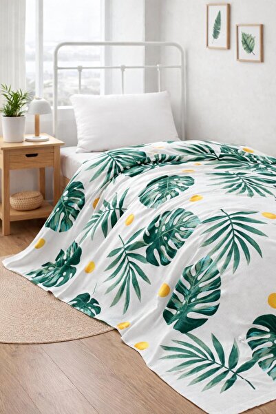 Eponj Home Tek Kişilik Doğal Pike Baskılı Monstera Yeşil