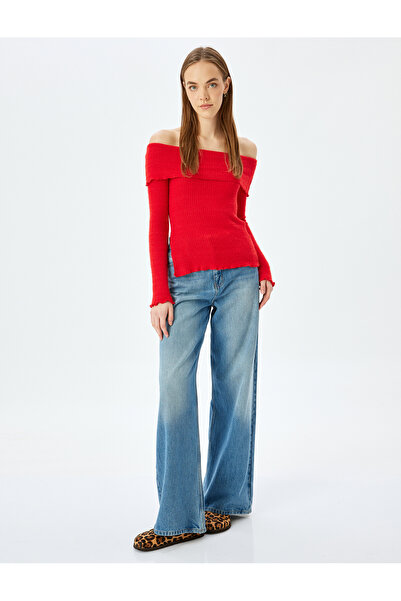 Koton Madonna-Kragen, schulterfreies, langärmliges T-Shirt mit Schlitzdetail