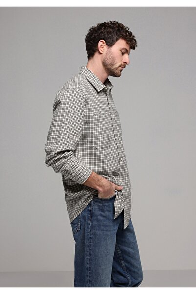 Colin's Comfort Fit Shirt Neck Plaid Men's Ecru Long Sleeve Shirt
