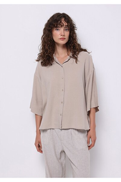 Colin's Relaxed Fit Shirt Neck Düz Kadın Bej ¾ Kol Gömlek