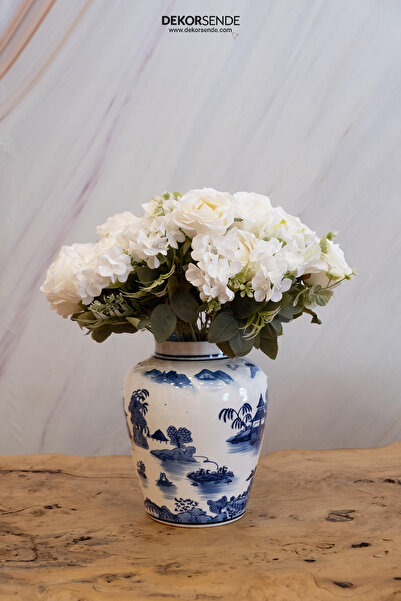 Dekorsende Yapay Gül Lilyum Ortanca Demeti Beyaz 43 cm