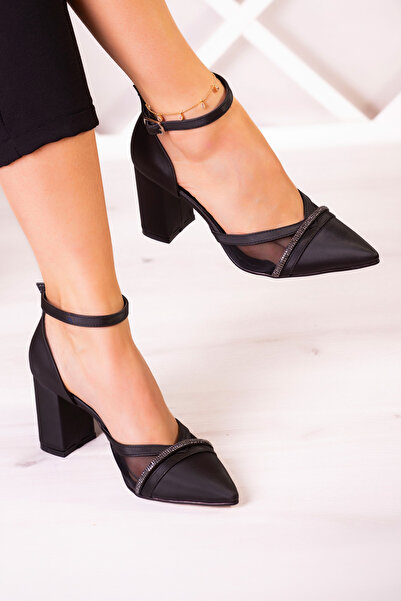 Erkan Saçmacı Molly Black Satin Pointed Toe Stone Mesh Tocuri groase Pantofi ...