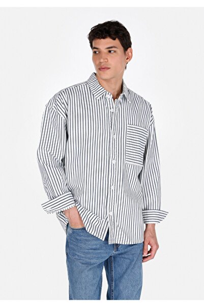 Colin's Oversize Fit Klasik Yaka Çizgili Erkek Denim Uzun Kol Gömlek