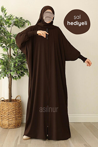 ASİLNUR Ebru Yarasa Kollu Ferace Şal Hediyeli Takım Kahverengi