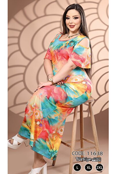 BONİTA FASHİON Gökkuşaği Patterned Lycra Long Viscose Dress with 3 Bow Detail...