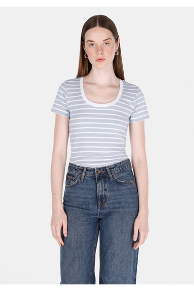 Colin's Slim Fit Square Collar Striped Women's Blue Short Sleeve T-Shirt