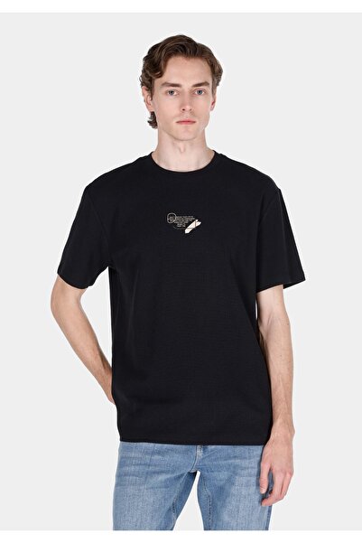 Colin's Tricou negru cu mânecă scurtă pentru bărbați, cu gât rotund, jacquard