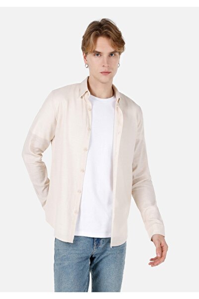 Colin's Cămașă Slim Fit Gât simplu Cămașă cu mânecă lungă pentru bărbați, bej