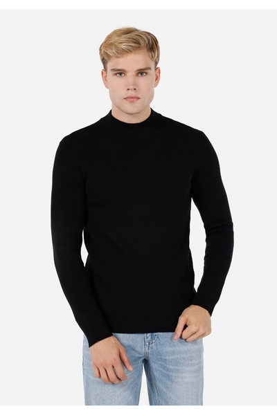 Colin's Slim Fit Stand Collar Jacquard Men's Black Sweater