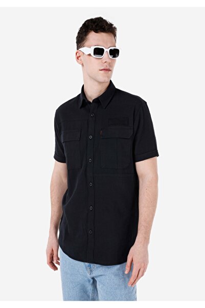 Colin's قميص عادي بقصة رقبة مستقيمة للرجال باللون الأسود بأكمام قصيرة