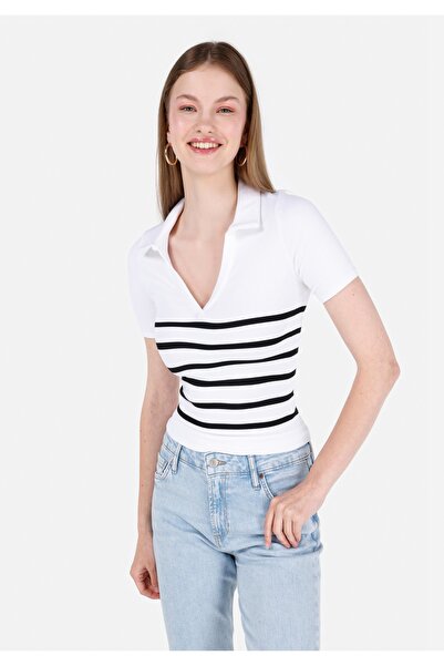 Colin's Slim Fit V Yaka Çizgili Kadın Beyaz Kısa Kol Tişört