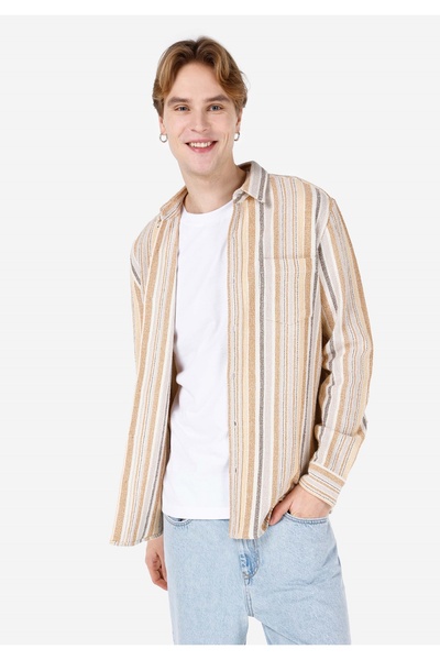 Colin's Cămașă cu mânecă lungă, maro, cu dungi pentru gât