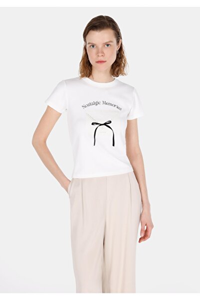 Colin's Tricou alb cu mânecă scurtă pentru femei, cu decolteu rotund, slim fit