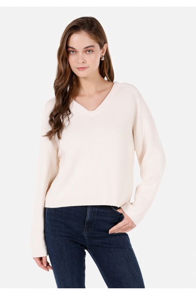 Colin's Regular Fit V Yaka Düz Kadın Ekru Kazak